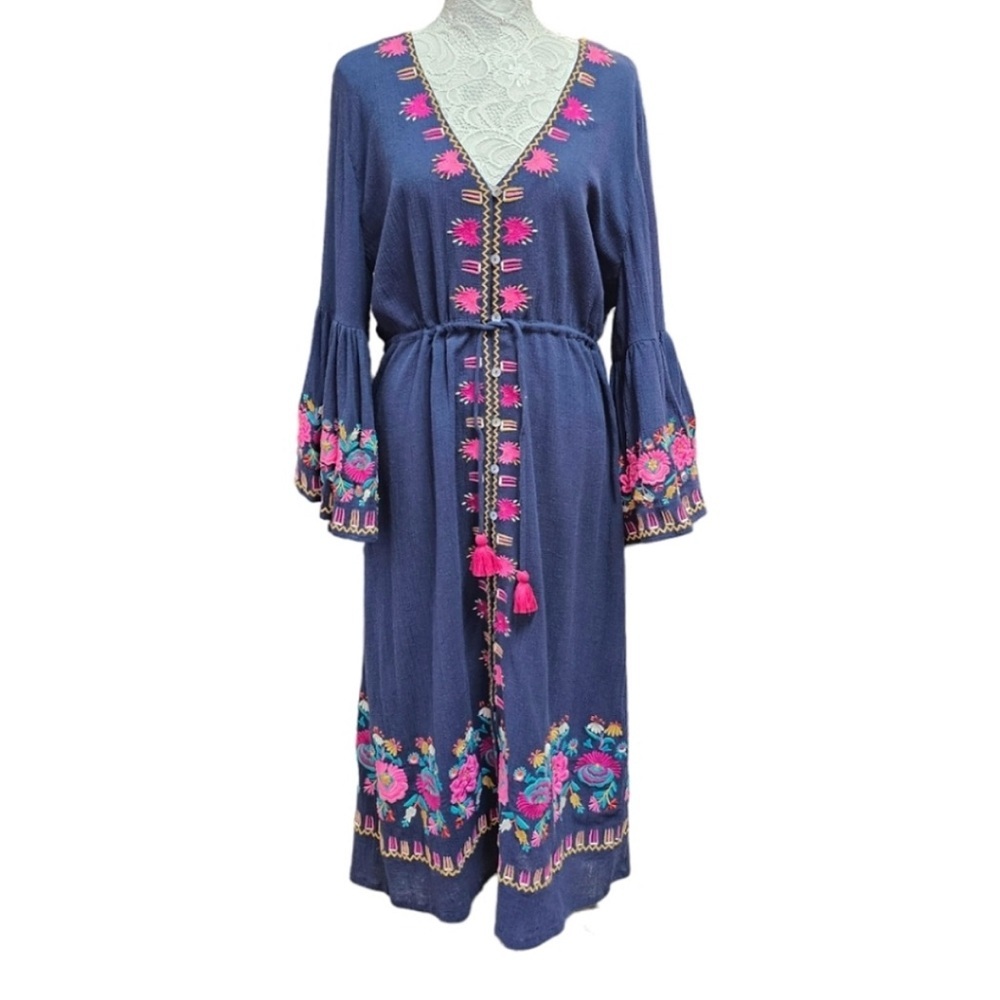FIGUE Blue Cotton V-Neck Bell Sleeve Button Up Midi Dress Bohemian Princess L - Picture 2 of 11